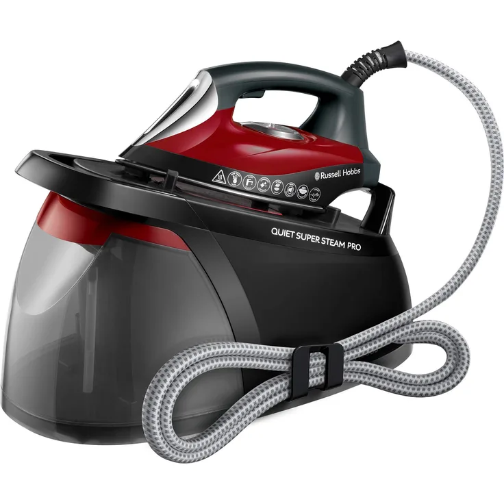 Russell Hobbs Dampfbügelstation Quiet Super Steam Pro (8 Bar Dampfdruck, 1,8l abnehmbarer Wassertank, Kalkschutz-System, 3 Dampfeinstellungen, Vertikaldampf) Bügeleisen, Dampfbügeleisen 24460-56