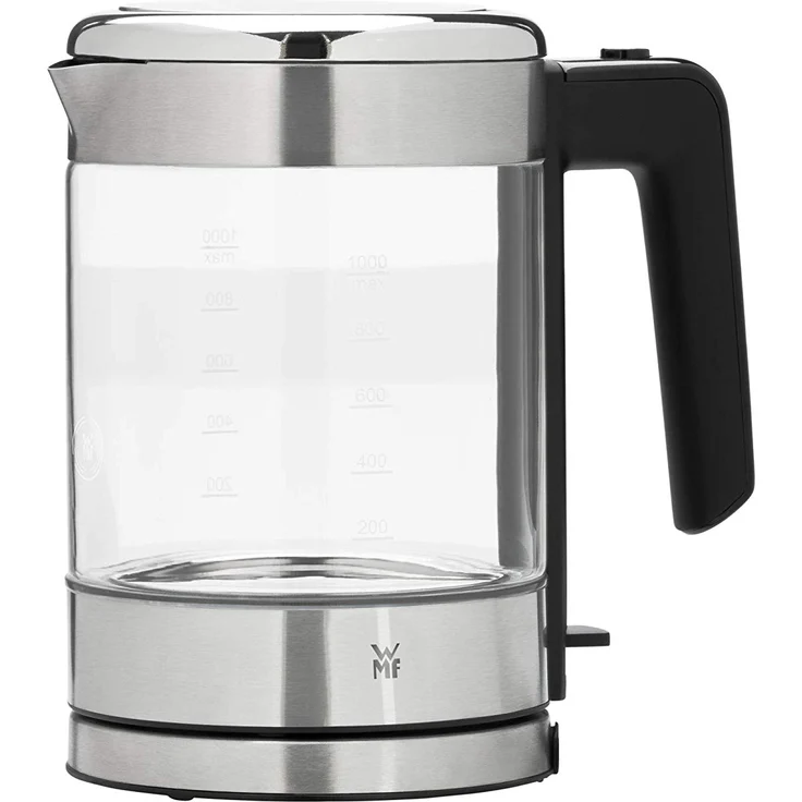 WMF Küchenminis Glas-Wasserkocher (1900 Watt, 1,0 l, kabellos, Wasserstandanzeige, Kalk-Wasserfilter, Kochstoppautomatik) cromargan matt – Bild 1