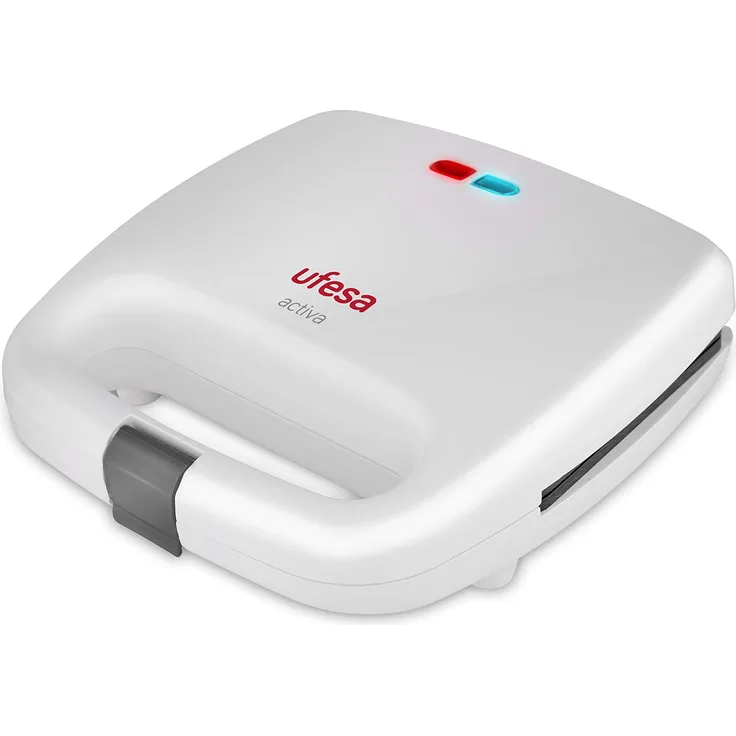 Ufesa SW7855 SW7855-Sandwichtoaster, 750 W, für 2 Sandwiches, antihaftbeschichtete Grillplatten, Betriebs-und Temperaturanzeige, Sicherheitsverschluss für Platten, Weiß