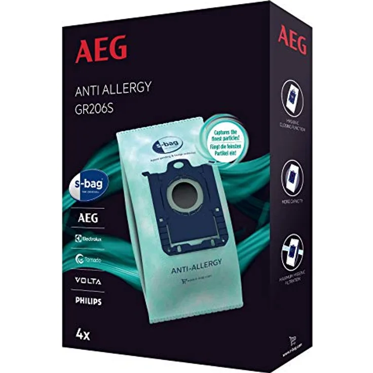 AEG GR206S s-Bag Anti-Allergy Staubsaugerbeutel (4 Synthetik Staubbeutel, hohe Filterleistung, reduziert u.a. Pollen, Milben & Allergene, ideal für Allergiker, passend für AEG, Electrolux, Philips)