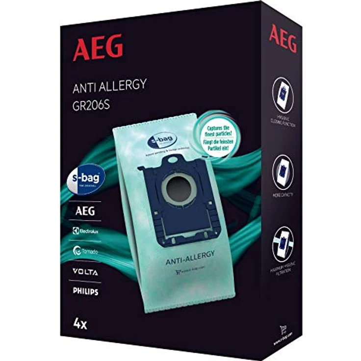 AEG GR206S s-Bag Anti-Allergy Staubsaugerbeutel (4 Synthetik Staubbeutel, hohe Filterleistung, reduziert u.a. Pollen, Milben & Allergene, ideal für Allergiker, passend für AEG, Electrolux, Philips)