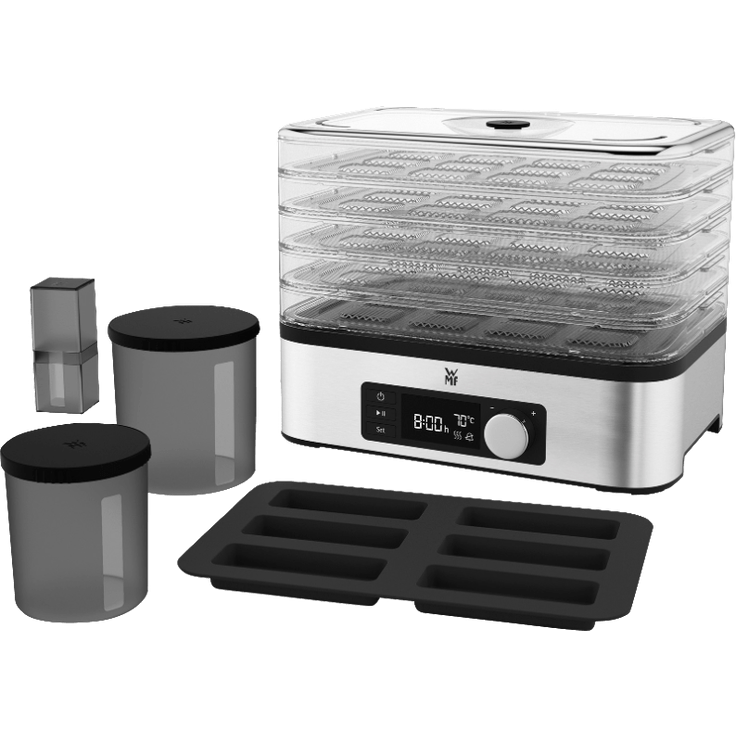 WMF Küchenminis Dörrautomat Edelstahl, Dörrgerät mit 5 Einlegefächern, 30-70°C, 250 Watt, 24h-Timer, Obsttrockner, Dehydrator, 2 Boxen, Müsliriegelform, bpa-frei