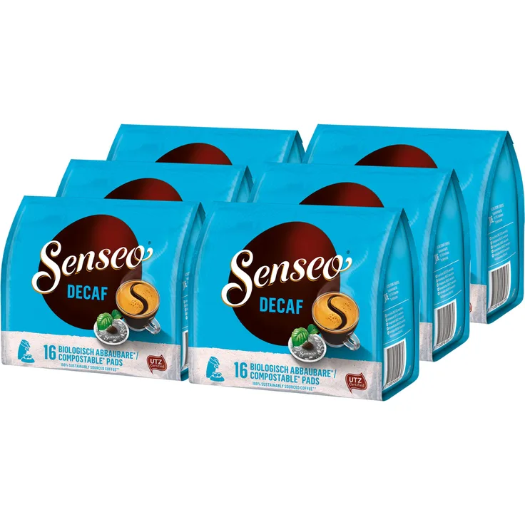 Senseo Kaffeepads Entkoffeiniert / Decaf, Reiches Aroma, Intensiv & Ausgewogen, Kaffee, neues Design, 6er Pack, 6 x 16 Pads