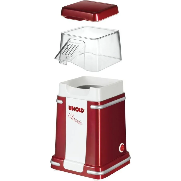Unold 48525 Popcorn Maker Classic Heißluft Popcornmaschine für bis zu 100 g Mais, fettfrei, mit Messbecher, 900 Watt, rot-weiß, W, 220 V – Bild 2