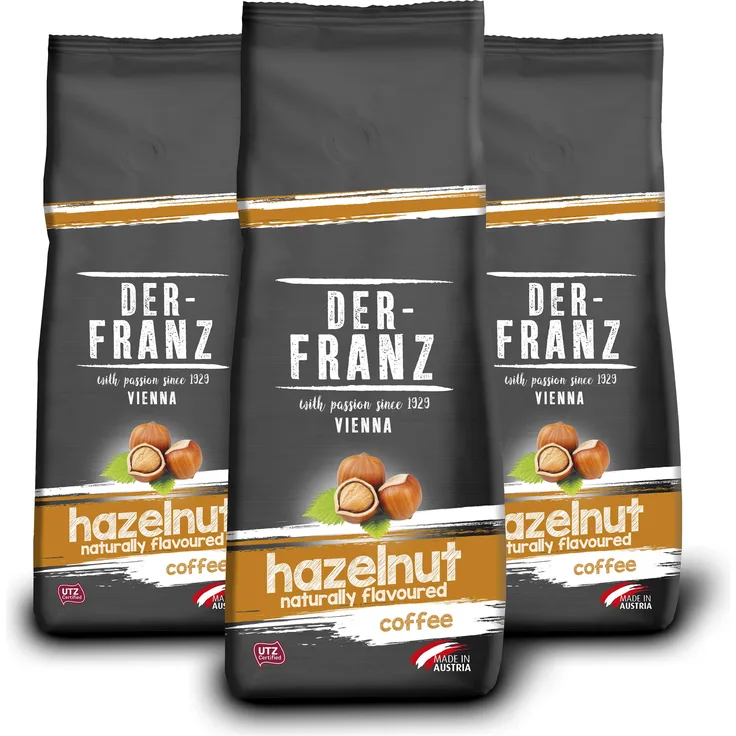 Der-Franz Kaffee, Mischung aus Arabica und Robusta, geröstet, ganze Bohne aromatisiert mit natürlicher Haselnuss UTZ, 3 x 500 g