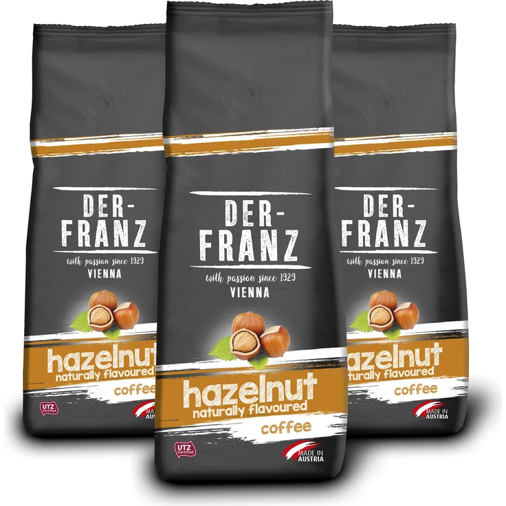 Der-Franz Kaffee, Mischung aus Arabica und Robusta, geröstet, ganze Bohne aromatisiert mit natürlicher Haselnuss UTZ, 3 x 500 g – Bild 1