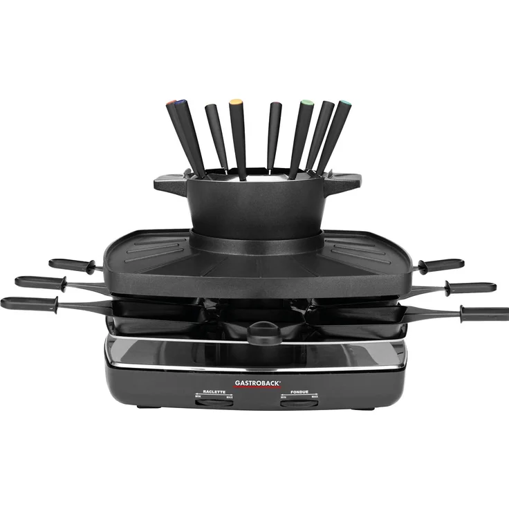 GASTROBACK 42567 Raclette fondue set family and friends, für 8 Personen mit großer gerippter Grillplatte, antihaftbeschichtet, abnehmbar und spülmaschinengeeignet, 1200, schwarz, silber – Bild 1