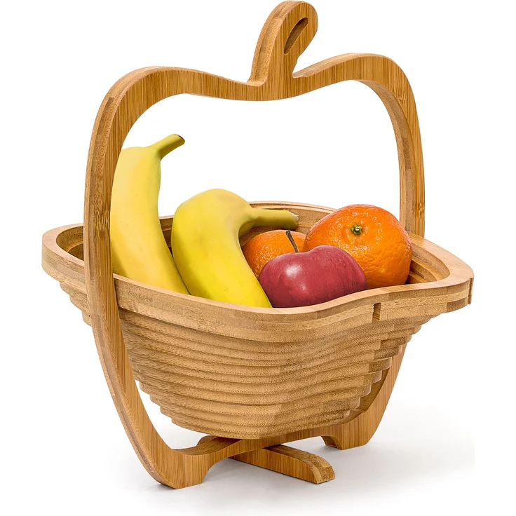 Relaxdays Faltkorb Apfel H x B x T: 30 x 27 x 22,5 cm Klappkorb aus Bambus Obstkorb und Untersetzer Schneidebrett zum Falten Holz Obstschale in originellem Apfel-Design, natürlich braun