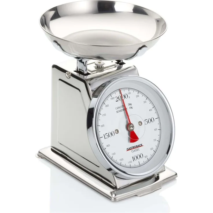 GASTROBACK 30102 Classic Waage, 2 kg, Küchenwaage, analog, mit Wiegeschale, poliert, Edelstahl Silber
