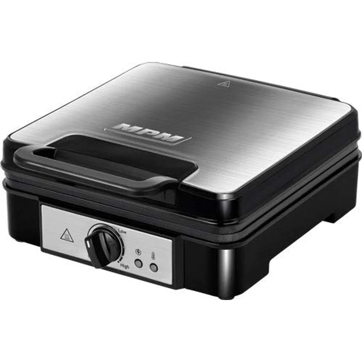 MPM MGO-36M Professionelles Waffeleisen für 4 Dicke belgische Waffeln, antihaftbeschichtete Platten, automatische Temperaturregelung, Edelstahlgehäuse, 1200W, 1200, Negro-Plata – Bild 1