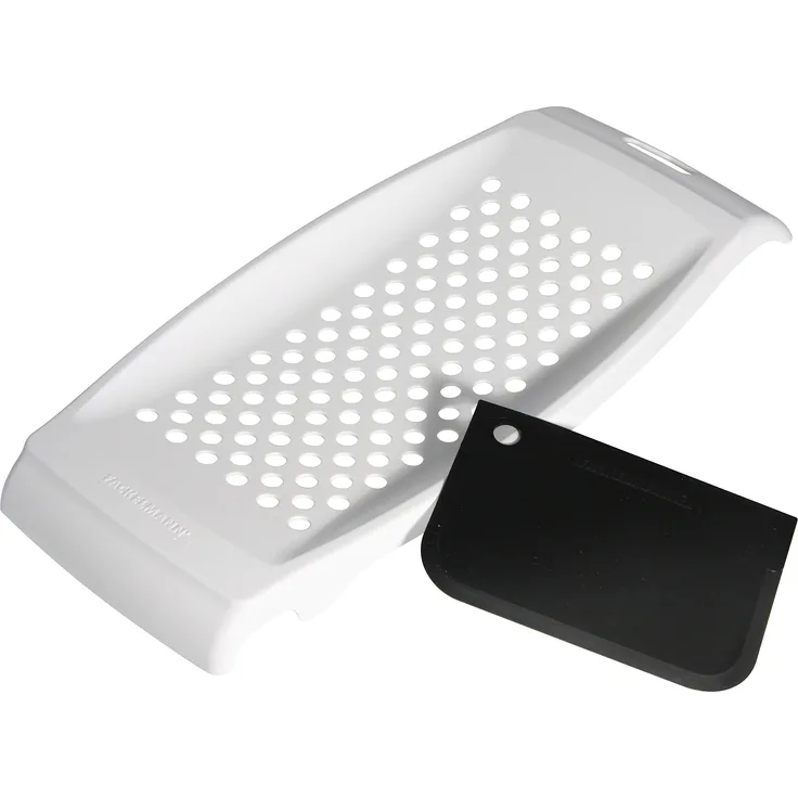 FACKELMANN Spätzlereibe mit Teigschaber, Spätzlehobel aus Kunststoff, Spätzlepresse mit Teigkarte (Farbe: Weiß), Menge: 1 Stück