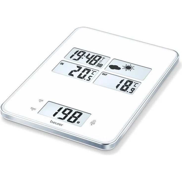 Beurer KS 80 Küchenwaage (5 in 1 Waage mit integrierter Wetterstation, Uhrzeit, Weckfunktion und Timer) – Bild 1