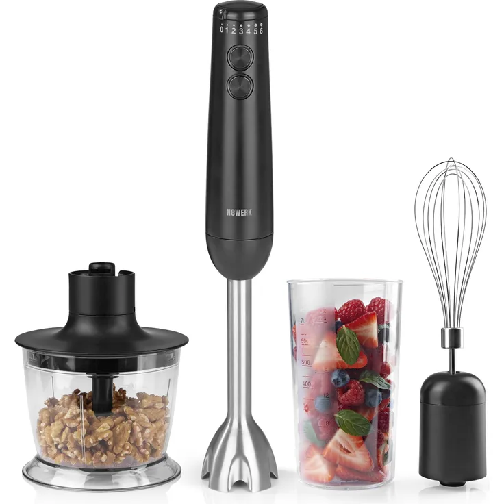 N8WERK Stabmixer in der Midnight Black Edition, 1200 Watt, inkl. Zerkleinerer (0,5L), Mixbehälter (0,7L), Schneebesen, mit 3-fach Edelstahlklingen, schwarz