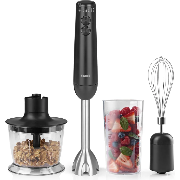 N8WERK Stabmixer in der Midnight Black Edition, 1200 Watt, inkl. Zerkleinerer (0,5L), Mixbehälter (0,7L), Schneebesen, mit 3-fach Edelstahlklingen, schwarz – Bild 1
