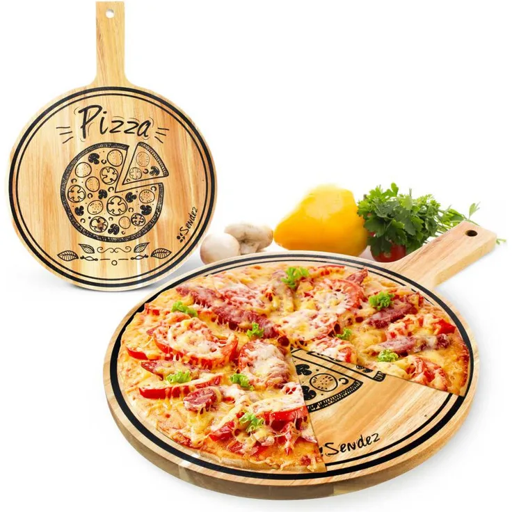 Pizzabrett mit Griff und Aufdruck 30cm Holzbrett Vesperbrett Käsebrett Wurstplatte Pizzateller