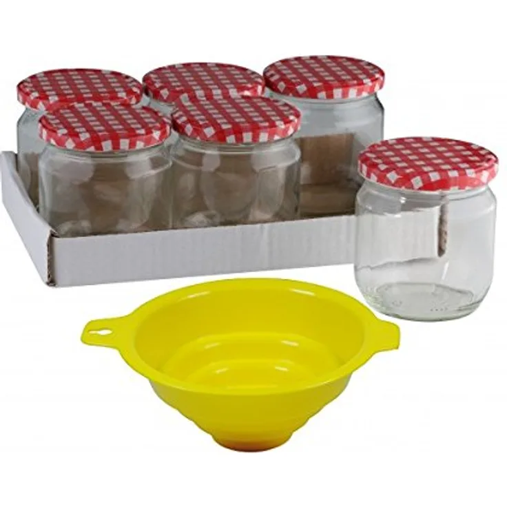 Viva Haushaltswaren 6 x großes Marmeladenglas - Einmachglas 425 ml mit Deckel, Twist-off Gläser Set rund - als Einweckgläser, Vorratsdosen etc. verwendbar inkl. Trichter