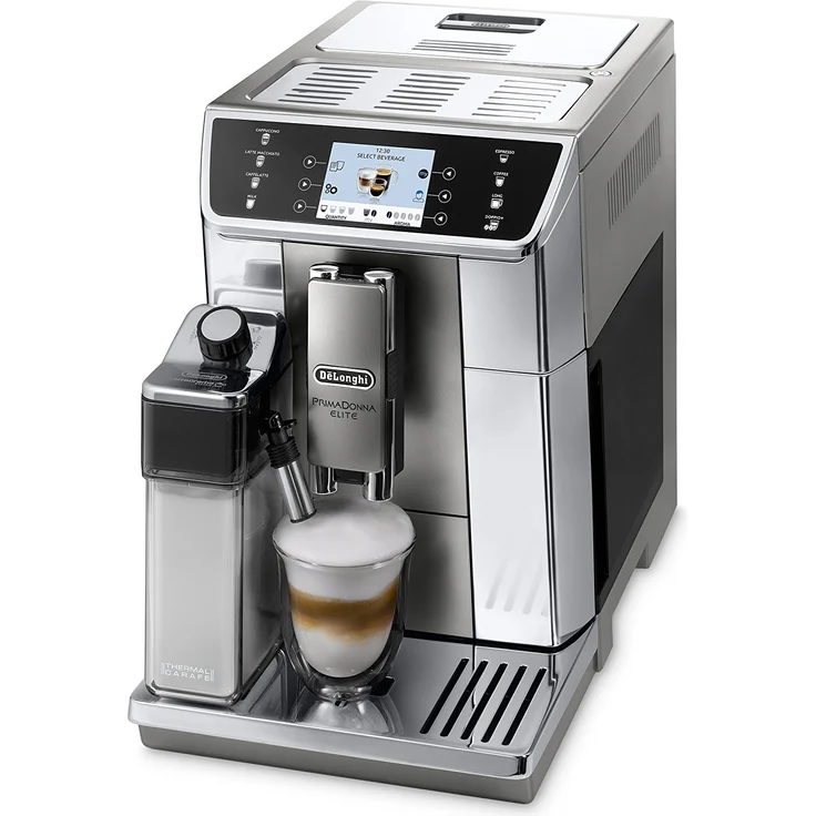 De'Longhi PrimaDonna Elite ECAM 656.55.MS Kaffeevollautomat mit Milchsystem und integriertem Mahlwerk, Cappuccino und Espresso auf Knopfdruck, 3,5 Zoll TFT Touchscreen Farbdisplay und App-Steuerung, Edelstahlfront, silber – Bild 1