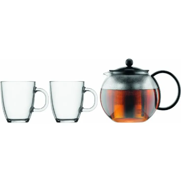 Bodum K1805-01 Assam Set, Teebereiter mit Edelstahlfilter 1 L und 2 Stück Tasse, Glas, 0,35 L, schwarz
