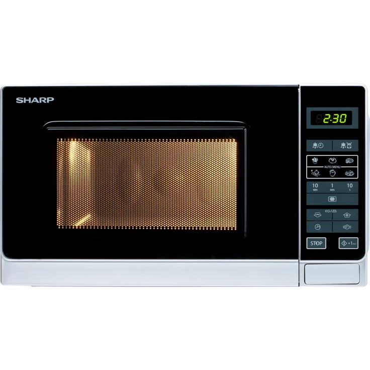 Sharp R242INW Mikrowelle, Standgerät, 20 Liter Garraum, 800 Watt, 5 Leistungsstufen, 8 Automatikprogramme, Kindersicherung, Energiesparmodus, Glasdrehteller 25,5 cm, silber – Bild 1
