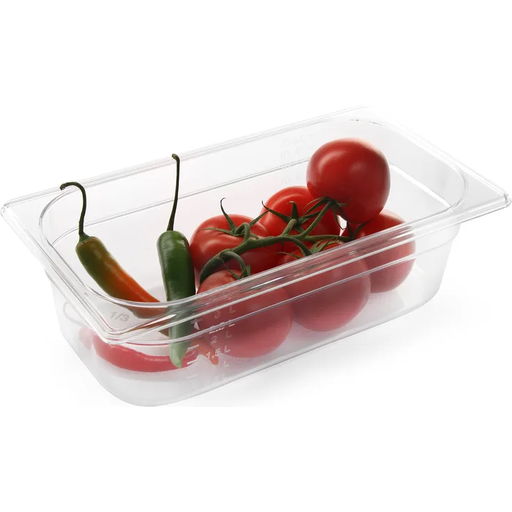 Hendi Gastronormbehälter, Temperaturbeständig von -40° bis 110°C, Skalierung, Geruchs- und geschmackneutral, 5,7L, Polycarbonat, GN 1-3, 325x176xH150mm, Transparent