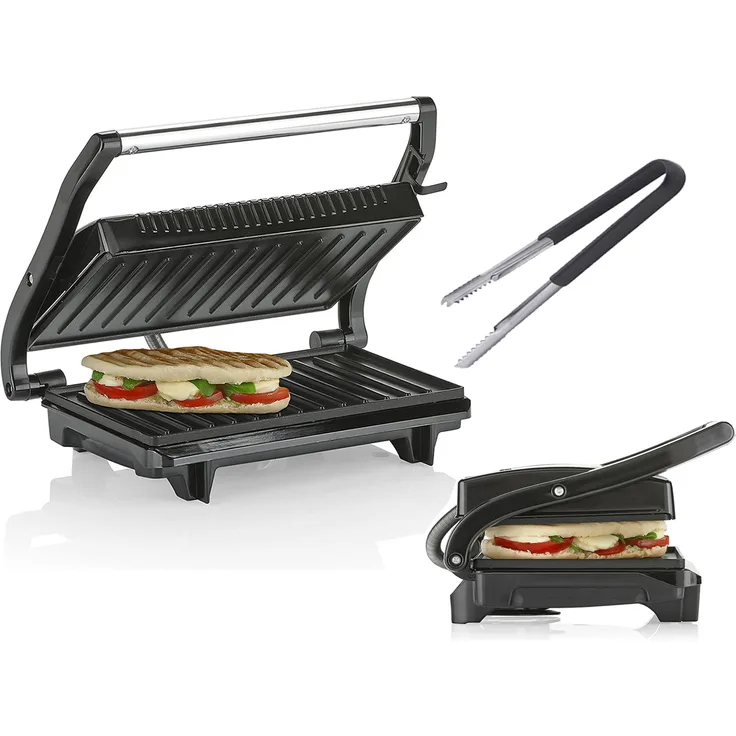 Tristar Elektro Kontaktgrill Edelstahl, inkl. Grillzange, LowFat, Multigrill, 700W, 22,5,x,14 cm, edelstahl, schwarz