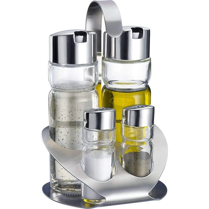 Westmark 4er-Menage für Salz, Pfeffer, Öl und Essig, Mit passendem Ständer, 5-tlg., 2 Streuer und 2 Flaschen, Fassungsvermögen: 40-160 ml, Edelstahl-Glas, Wien, Silber-Transparent, 65052260