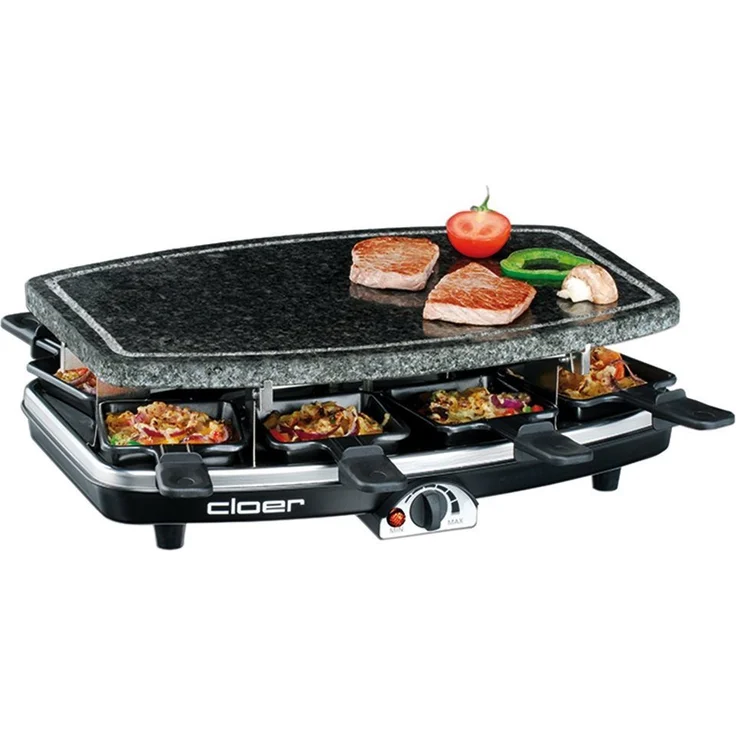 Cloer 6430 Raclette-Grill mit Naturstein, 1200 Watt, 8 Pfännchen antihaftbeschichtet mit wärmeisolierten Griffen – Bild 1