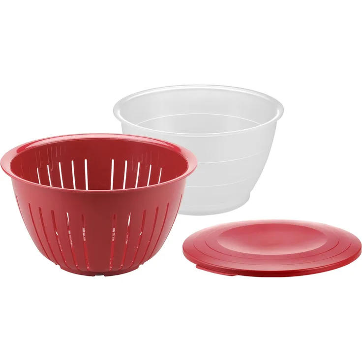 Westmark Schüssel mit Deckel und Sieb-Seiher, Fassungsvermögen: 4,4 Liter, Kunststoff, Olympia, Transparent-Rot, 2418227R