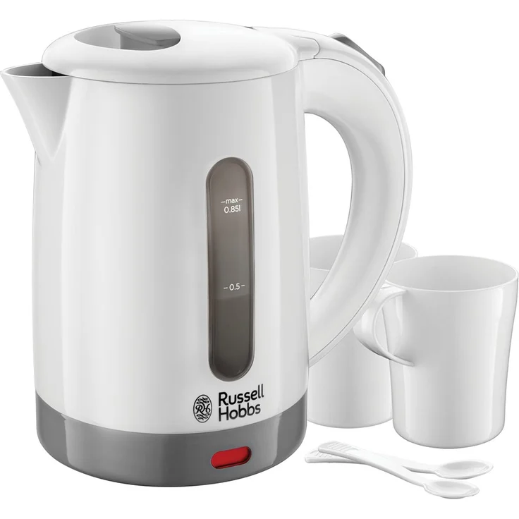 Russell Hobbs Travel Wasserkocher, 0,85l, 1000W, weltweite Spannungsanpassung, inkl. 2 Tassen & 2 Teelöffel, optimierte Ausgusstülle, kompakter kleiner Reisewasserkocher, mini Teekocher 23840-70 – Bild 1