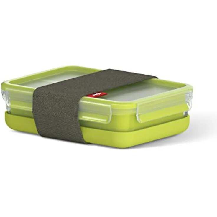 Emsa Lunch- und Snackbox mit 3 praktischen Einsätzen und Deckel, Inklusive separatem Teller und Fixierband, Volumen: 1,2 Liter, Transparent-Grün, Clip & Go, 518098