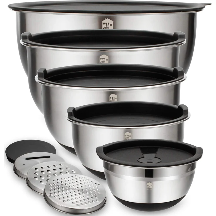Wildone Rührschüssel-Set, Edelstahl, mit luftdichten Deckeln, 3 Reibenaufsätzen, Messmarken und rutschfesten Unterseiten, Größe 5, 3, 2, 1,5, 0,63 QT, ideal zum Mischen und Servieren 5pc+3graters schwarz – Bild 1