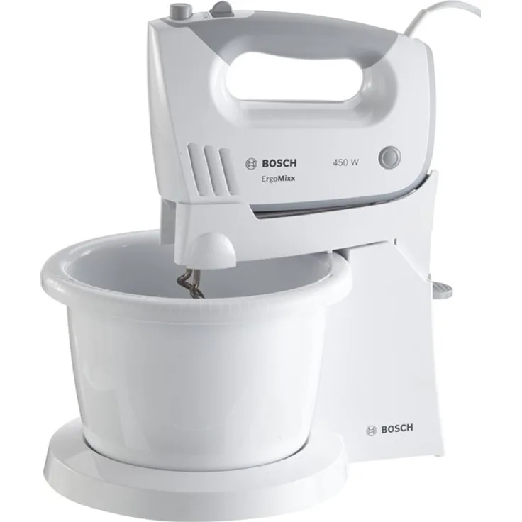 Bosch MFQ36460 ErgoMixx Handrührer (450 W, spülmaschinengeeignet, Geräteständer mit Rührschüssel, sehr leise, freihändige Anwendung) weiß