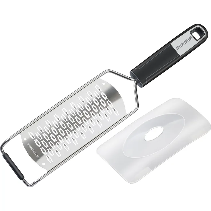 FACKELMANN Handreibe 2-Wege 30 cm Sense mit scharfer 2-Wege Reibefläche, Hobel mit rutschfestem Soft-Touch-Griff, inkl. Klingenschutz (Farbe: Silber-Schwarz), Menge: 1 Stück