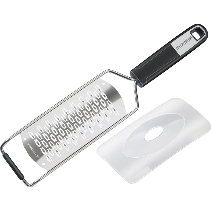 FACKELMANN Handreibe 2-Wege 30 cm Sense mit scharfer 2-Wege Reibefläche, Hobel mit rutschfestem Soft-Touch-Griff, inkl. Klingenschutz (Farbe: Silber-Schwarz), Menge: 1 Stück