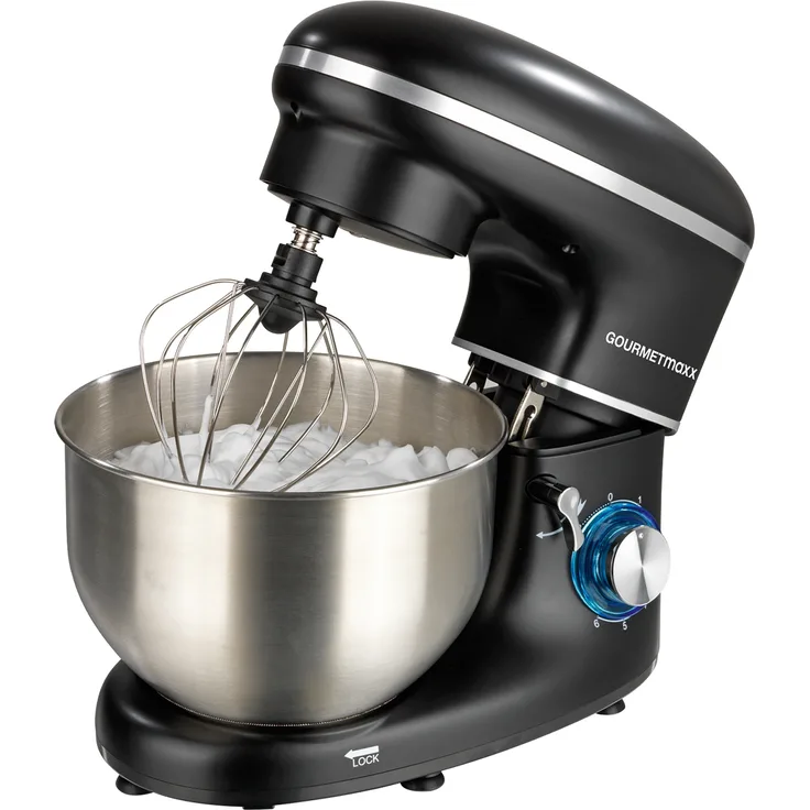 GOURMETmaxx Küchenmaschine schwarz, Direktantrieb, 1500 Watt, 5 L, 6 Geschwindigkeitsstufen, Patisserie-Set, schwarz
