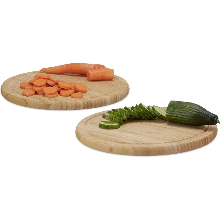 Relaxdays Frühstücksbrettchen rund 2er Set, Bambus, 30 cm, Küchenbrett, pflegeleicht, natürlich, messerschonend, natur