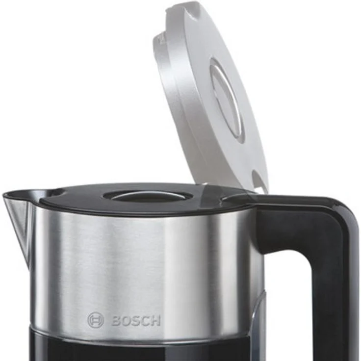 Bosch TWK8613P kabelloser Wasserkocher, Abschaltautomatik, Überhitzungsschutz, Temperaturwahl, Warmhaltefunktion, 1,5 L, 2400 W, Deckelendabschaltung im Betrieb, schwarz – Bild 4
