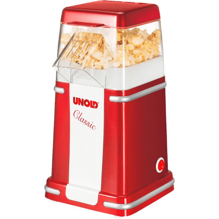 Unold 48525 Popcorn Maker Classic Heißluft Popcornmaschine für bis zu 100 g Mais, fettfrei, mit Messbecher, 900 Watt, rot-weiß, W, 220 V