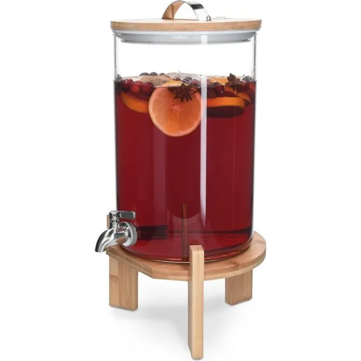 Navaris Getränkespender 7L, mit Zapfhahn aus Edelstahl - Glas Wasserspender mit Stand aus Bambus Holz - Spender aus hitzebeständigem Borosilikatglas