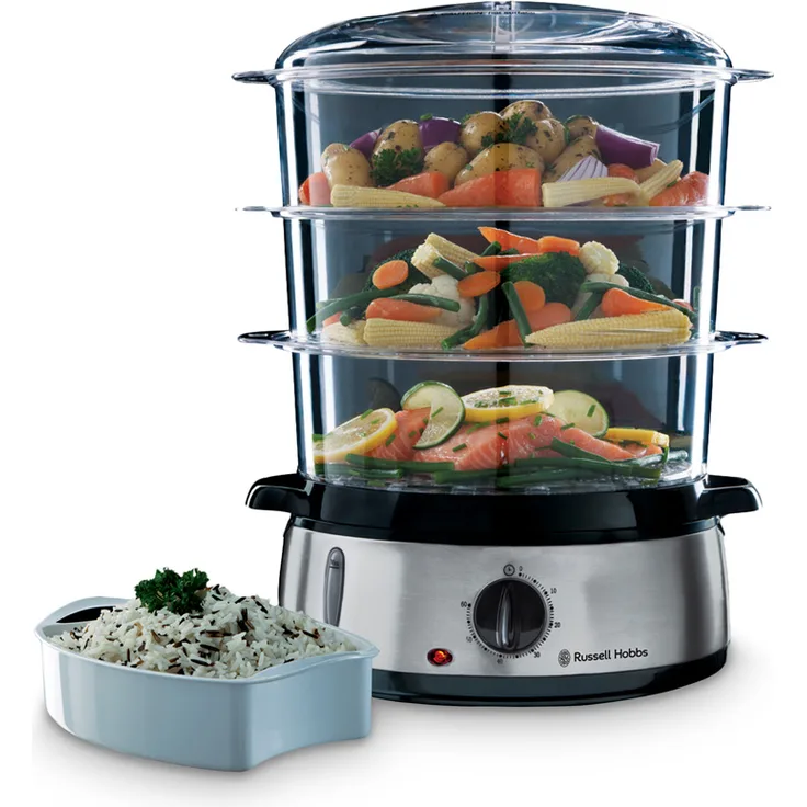 Russell Hobbs Dampfgarer 9,0l 60 Minuten Timer + Abschaltautomatik, 3 spülmaschinengeeignete Dampfgarbehälter + Reisschale + 6 Eierhalter, BPA-frei, Dampfkocher CookHome 19270-56
