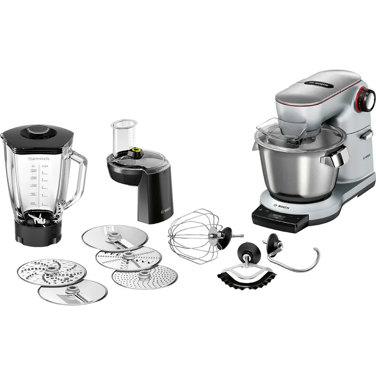 Bosch MUM9DT5S41 OptiMUM Küchenmaschine, 1500W, 7 Geschwindigkeiten, Durchlaufschnitzler, Standmixer-Aufsatz, 5,5 L Edelstahlschüssel, silber, Serie: MUM9