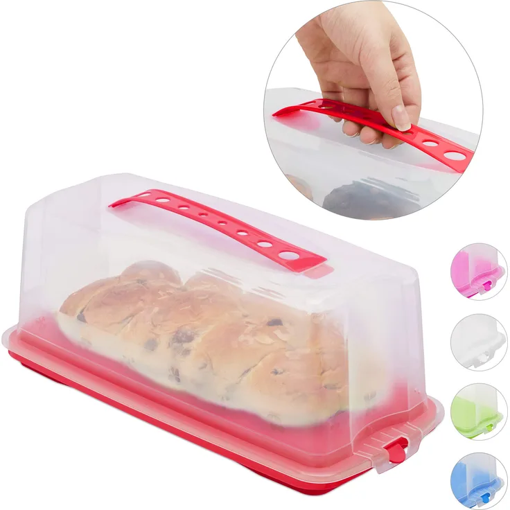 Relaxdays Kuchenbox eckig, Tragegriff, mit Deckel, für Kastenkuchen, Kuchenbutler, HBT 15 x 37 x 16 cm, rot-transparent