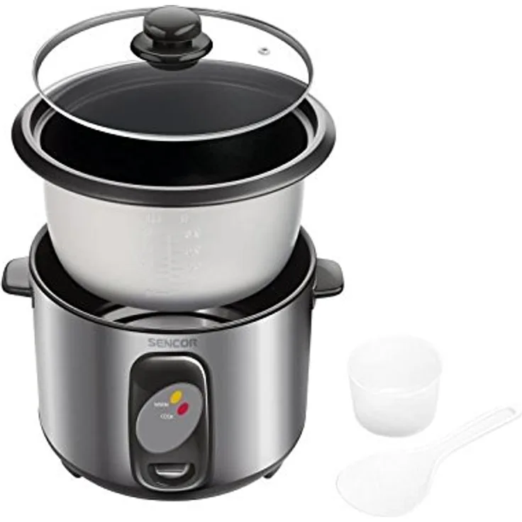 SENCOR SRM 1000SS Reiskocher 400 Watt, Reiskocher mit Dampfgarer-Einsatz, Reislöffel, Messbecher, Volumen 1 L, für die Zubereitung von Reis aller Art, einschließlich Reis für Sushi grau