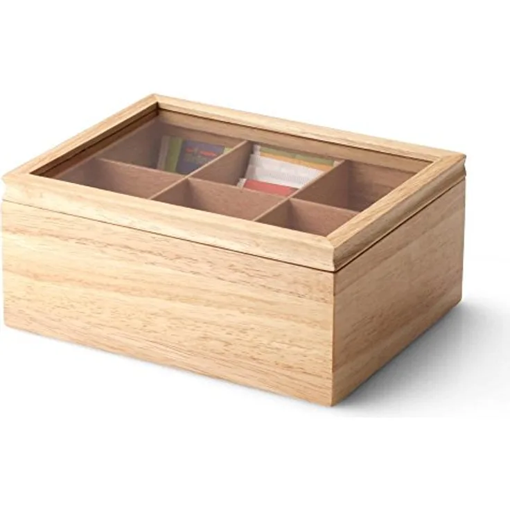 Continenta Teebox aus Gummibaumholz mit 6 Fächern, Teebeutelbox, Teekiste, Teekästchen, Größe: 23 x 17,5 x 10 cm