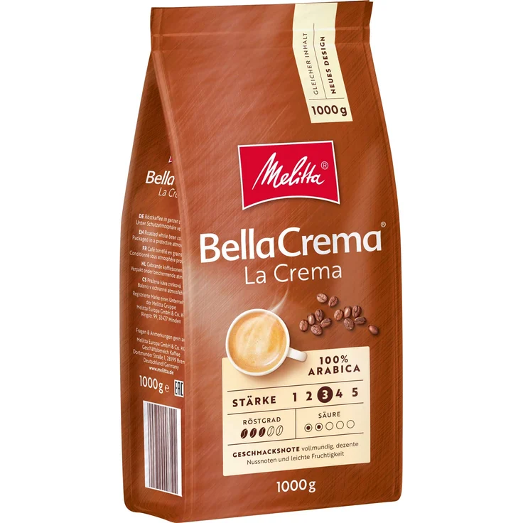 Melitta Ganze Kaffeebohnen, 100% Arabica, vollmundig und ausgewogen, Stärke 3, BellaCrema LaCrema, 8er Pack (8 x 1 kg) – Bild 1