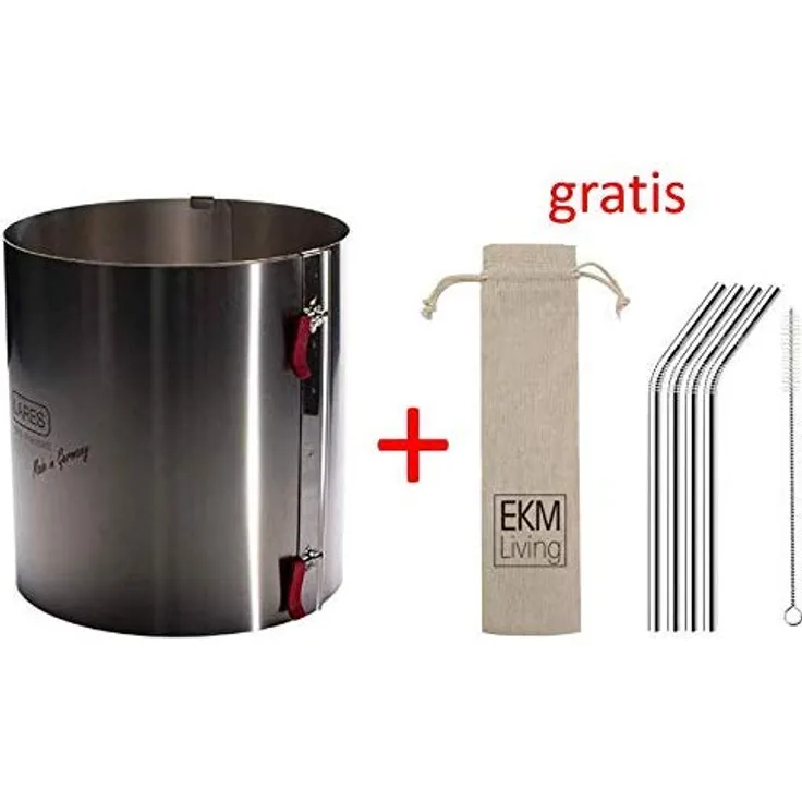 Lares 6018 Tortenring mit Klemmhebel, Durchmesser, Ø 17-30cm Höhe 20 cm + 4er Set EKM Living Edelstahl Strohhalme