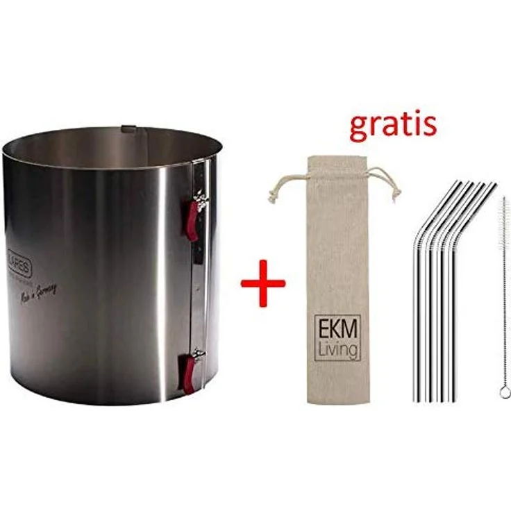 Lares 6018 Tortenring mit Klemmhebel, Durchmesser, Ø 17-30cm Höhe 20 cm + 4er Set EKM Living Edelstahl Strohhalme – Bild 1