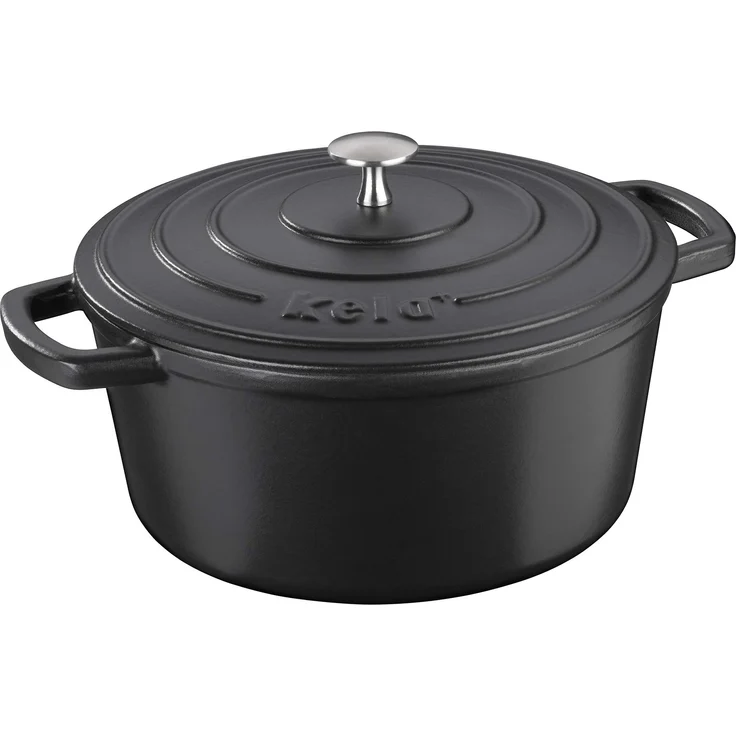 Kela 12472 Bräter mit Deckel, Gusseisen, le-Beschichtung, Hohe Wärmespeicherung, Induktionsgeeignet, 5 L, Schwarz, Rund, Calido – Bild 1
