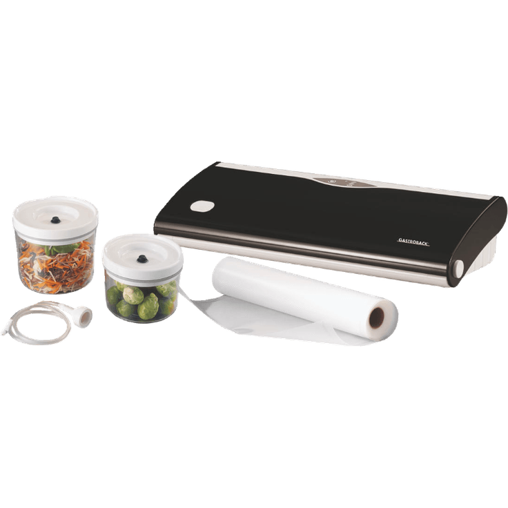 Gastroback 46011 Design Pro Vakuumierer (120 Watt), inklusive 1 Folienrolle (28 x 600?cm), Kontrollleuchte-Vakuum der Pumpe 500?mm Hg - 0,6 bar, Kunststoff, Schwarz