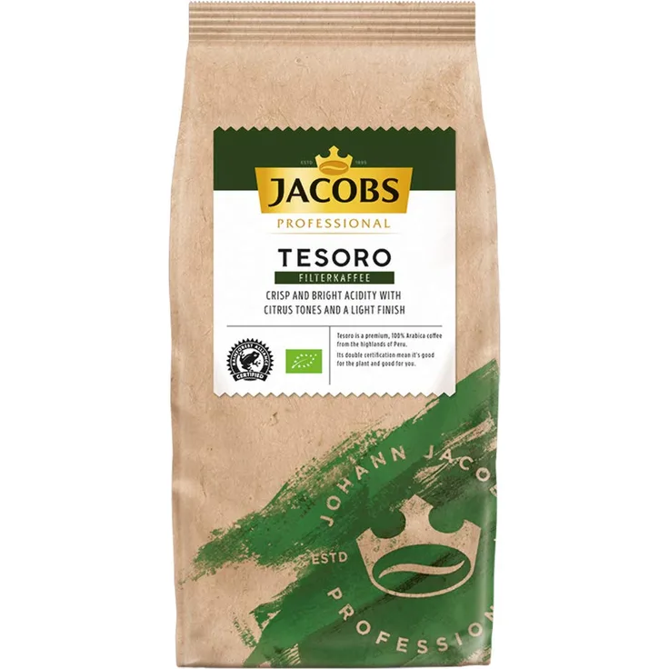 Jacobs Professional Tesoro Filterkaffee, 1kg, gemahlen, angenehm leichter Geschmack, ausbalanciert, 100% Arabica, Bio- und Rainforest Alliance zertifiziert